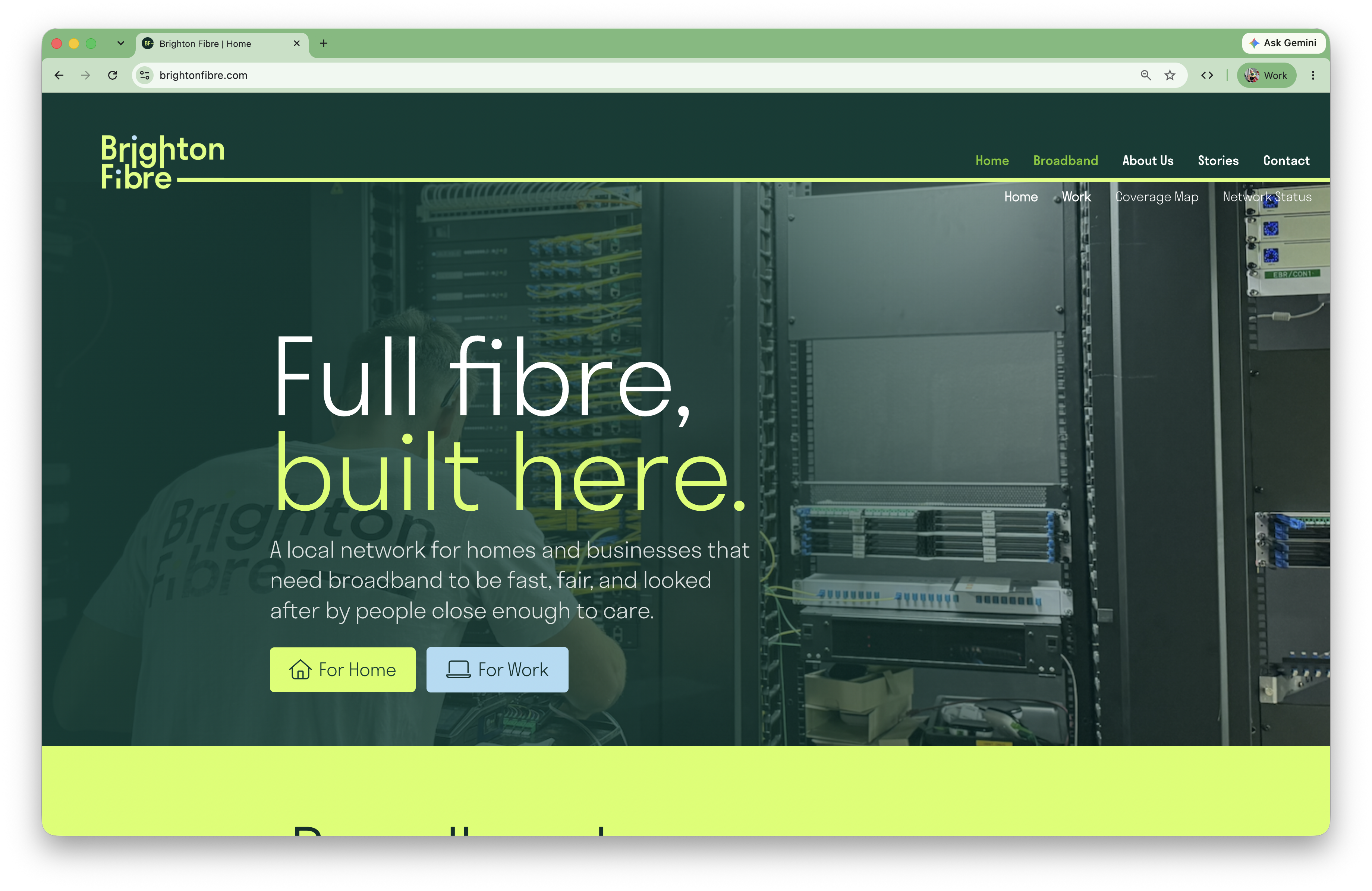 Brighton Fibre homepage, showing the full fibre network built for local homes and businesses.