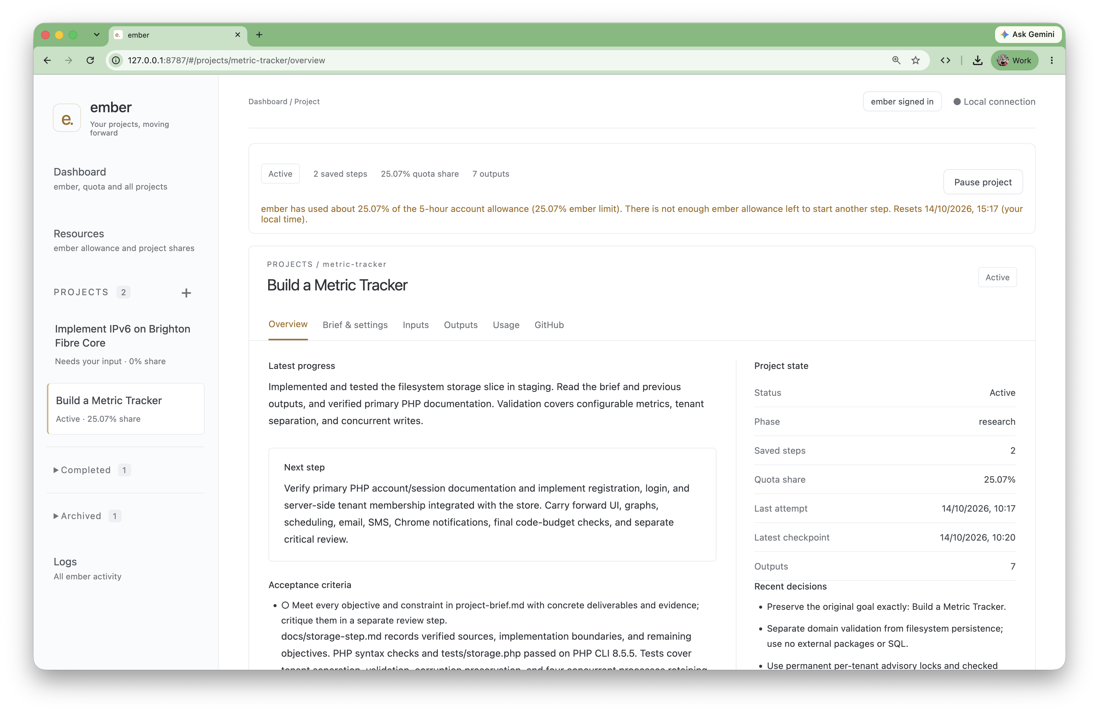 Ember project overview showing latest progress, the next step, saved checkpoints and outputs.