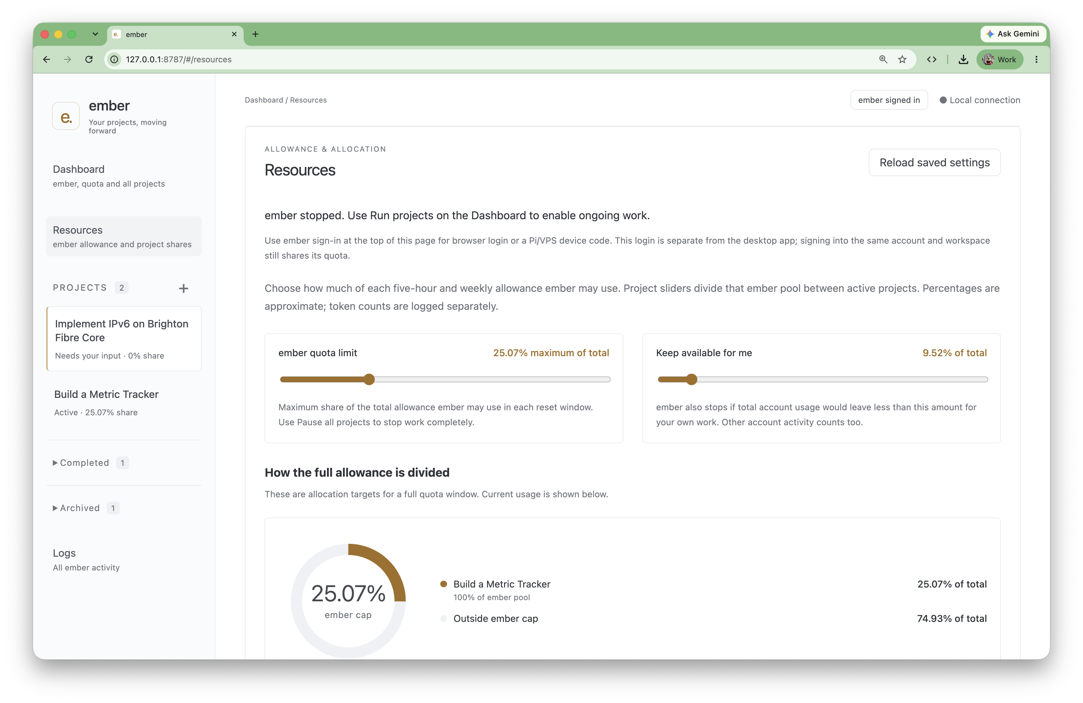 Ember resource settings showing an AI quota limit, capacity reserved for interactive use and project allocation.